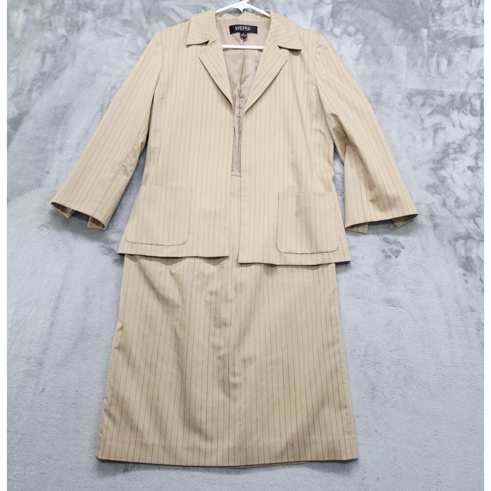 Vintage Kasper Skirt Suit Womens 6 Tan Stripe Open Front Blazer‎ Pencil Office
